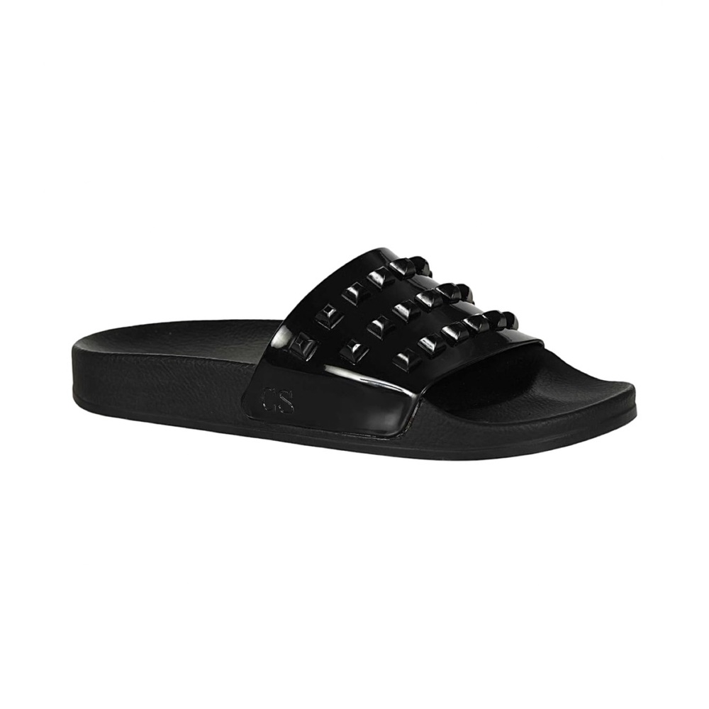 Carmen Sol Black Studded Slide Sandals with Bag